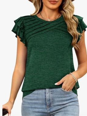 Ruffled Short Sleeve Knit Top in Forest Green